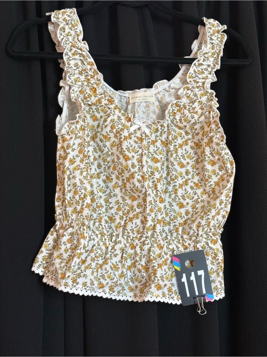 Unknown Tops - Ruffled Floral White Tank Top with Yellow Print